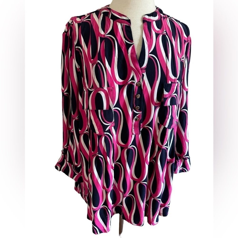 COCOMO 3X Navy Blue Pink Plus Size 3/4 sleeve women's Pintuck Blouse top s… - Picture 4 of 11
